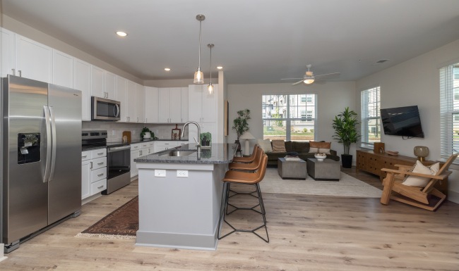 Kitchen and Living Area Interior of open kitchen and living room at The Hominy apartments in Candler, NC.