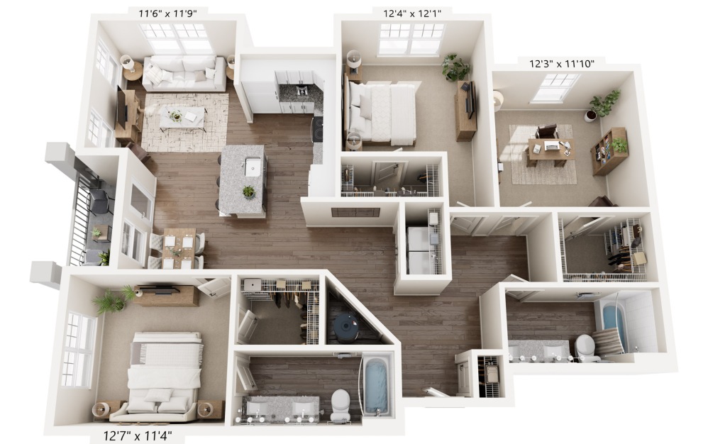 C1 - 3 bedroom floorplan layout with 2 bathrooms and 1328 square feet
